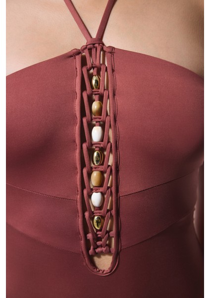 Açık Kahverengi Astrid Macrame Boncuklu Mayo