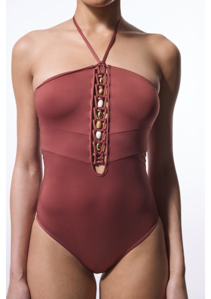 Açık Kahverengi Astrid Macrame Boncuklu Mayo