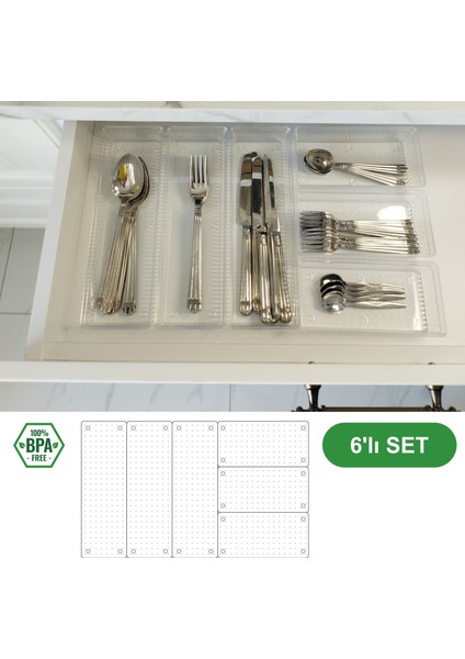 6'lı Modüler Set Mutfak Çekmece Içi Düzenleyici Çatal Kaşık Bıçak Organizeri Kristal