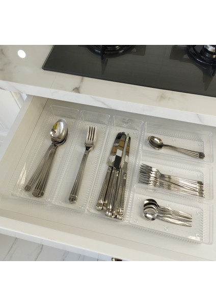 6'lı Modüler Set Mutfak Çekmece Içi Düzenleyici Çatal Kaşık Bıçak Organizeri Kristal indirimleri