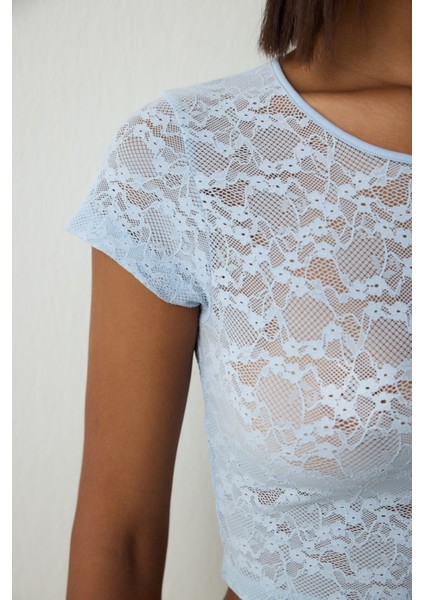 Açık Mavi Bisiklet Yaka Dantelli Crop Üst modelleri