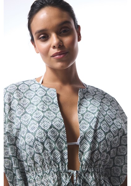Yeşil Spring V Yaka Mini Kaftan