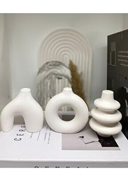 Minimal Vazo Seti 3'lü Beyaz Taş Tozu Malzemeden Bohem Tasarım 10 cm fiyatları
