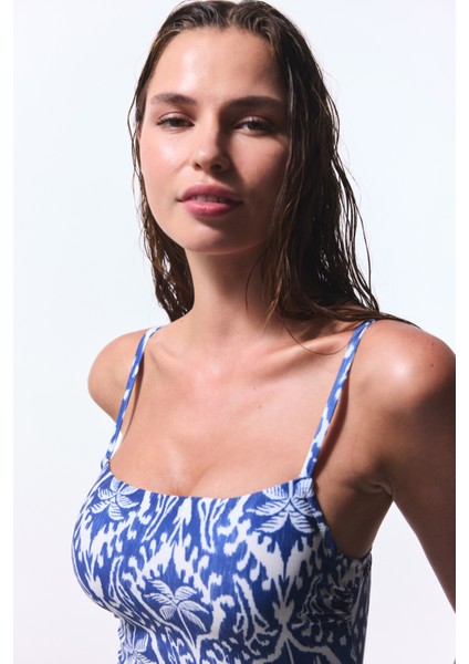 Renkli Yaprak Desenli Straplez Balenli Mayo