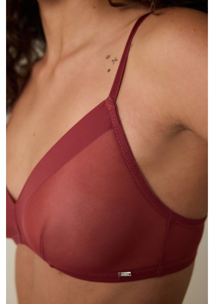 Bordo File Detaylı Balensiz Kapsız Üçgen Sütyen