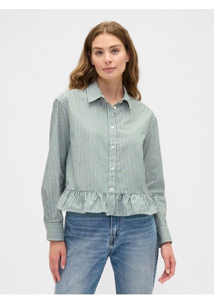 Kadın Yeşil Relaxed Cropped Poplin Peplum Gömlek