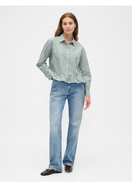 Kadın Yeşil Relaxed Cropped Poplin Peplum Gömlek fırsatları