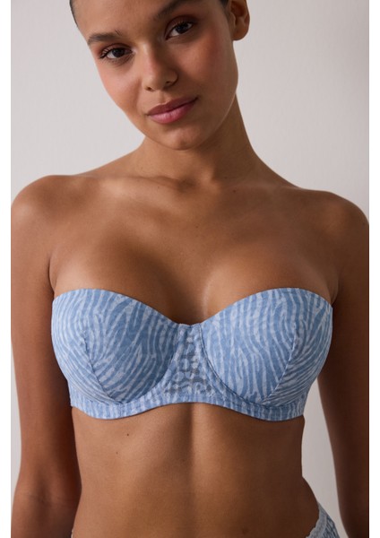 Açık Mavi Bloom Dantelli Balenli Dolgusuz Straplez Sütyen indirimleri