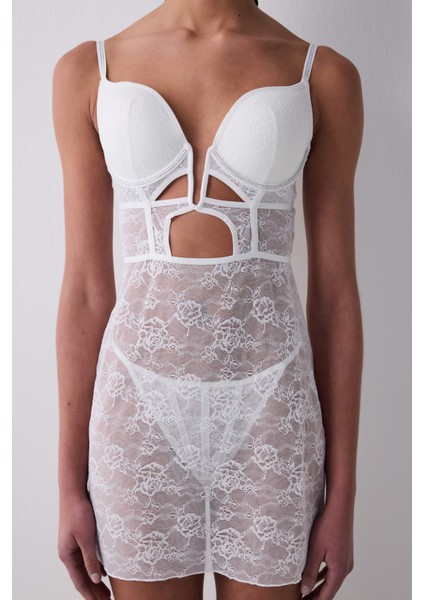 Deep Dekolte Taşlı Kırık Beyaz Gecelik