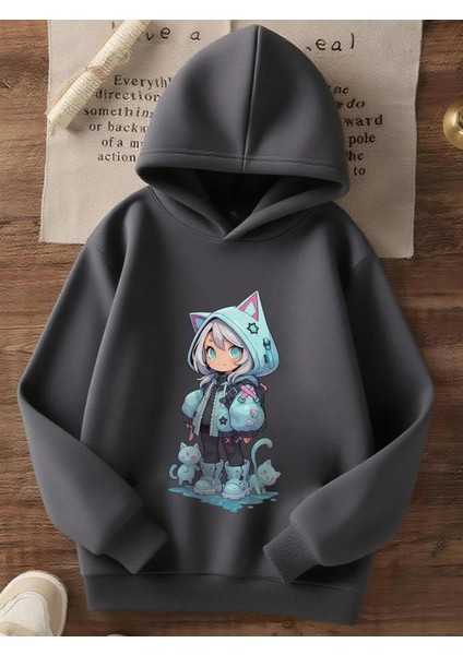 Anime Kedi Kız ve Kedi Baskılı Rahat Kesim Çocuk Sweatshirt fiyatları