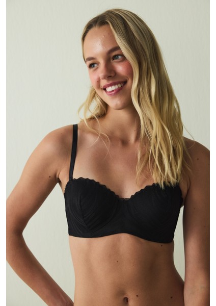 Siyah Lotus Broderi Zebra Desenli Straplez Balenli Dolgusuz Sütyen