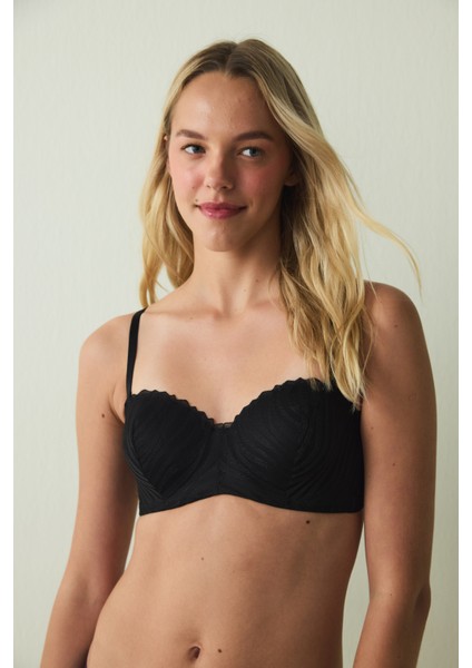 Siyah Lotus Broderi Zebra Desenli Straplez Balenli Dolgusuz Sütyen