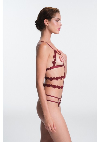 Bordo Olea Cut Out Detaylı Ayarlanabilir Askılı Balensiz Bodysuit