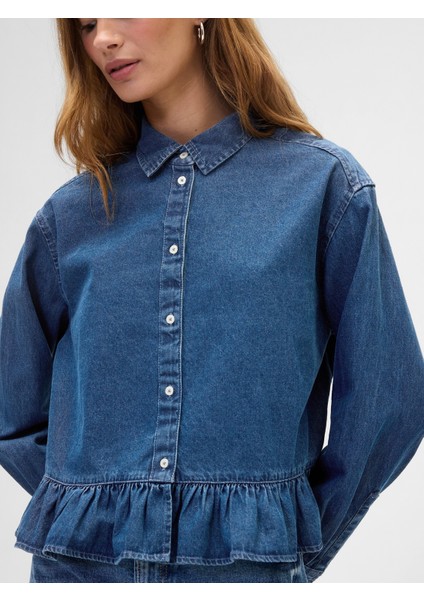 Kadın Mavi Relaxed Cropped Poplin Peplum Gömlek modelleri