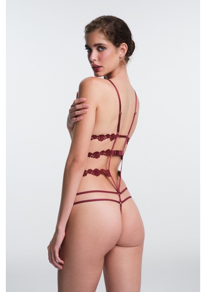 Bordo Olea Cut Out Detaylı Ayarlanabilir Askılı Balensiz Bodysuit
