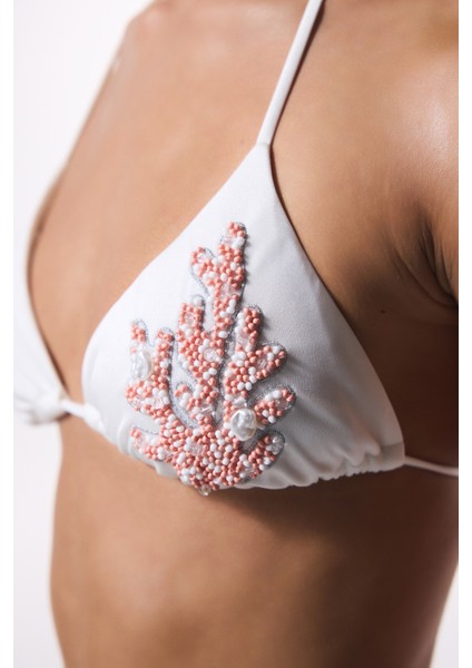 Beyaz Pearl Boncuklu Üçgen Bikini Üstü - Gamze Erçel Koleksiyonu