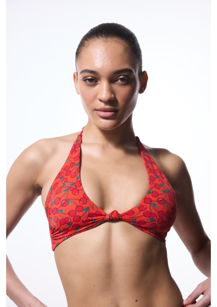 Chery Minimal Kesim Kiraz Desenli Bikini Üstü