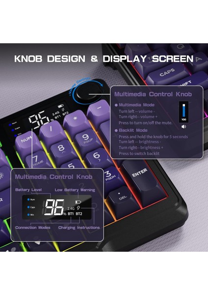 Freewolf M96 2.4g Bt5.0 Çift Bağlantılı Tft LED Ekranlı Reinbow Gaming Oyuncu Klavye modelleri
