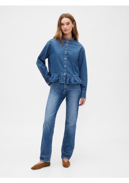 Kadın Mavi Relaxed Cropped Poplin Peplum Gömlek fırsatları