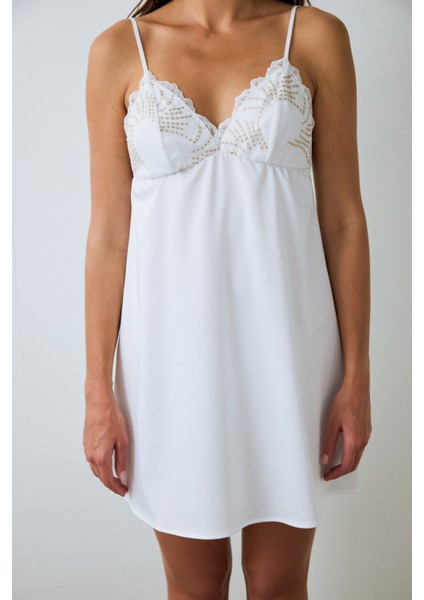 Kırık Beyaz Bridal Charming V Yaka Dantelli Saten Gelin Gecelik