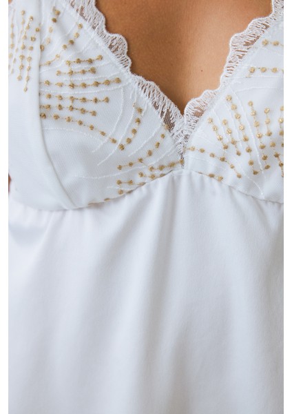Kırık Beyaz Bridal Charming V Yaka Dantelli Saten Gelin Gecelik