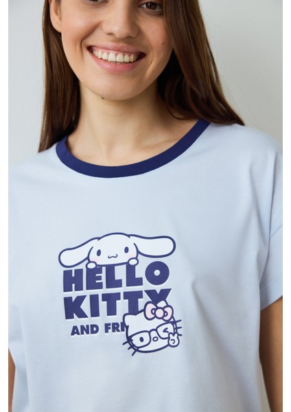 Açık Mavi Sanrio Happy Friends Bisiklet Yaka Pamuklu Kısa Kollu Şortlu Pijama Takımı