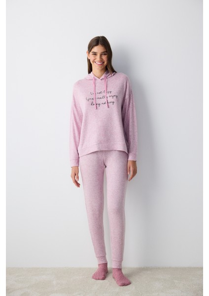 Maybe Later Kapüşonlu Lila Sweatshirt Pijama Üstü