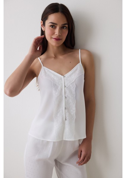 Bridal Delicate Saten Kırık Beyaz Atlet Pijama Üstü