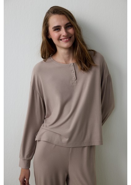 Koyu Bej Hello Friday Bisiklet Yaka Uzun Kollu Pijama Takımı