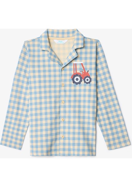 Bej Erkek Çocuk Ekoseli Düğmeli Gömlekli Pamuklu Pijama Takımı