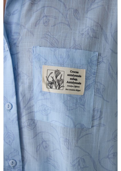 Açık Mavi Antalya Çiğdemi Pamuklu Çiçekli Gömlek Şort Pijama Takımı - Inspired by Flora