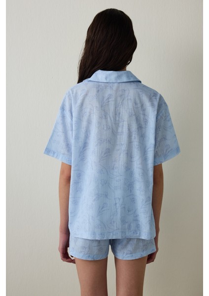 Açık Mavi Antalya Çiğdemi Pamuklu Çiçekli Gömlek Şort Pijama Takımı - Inspired by Flora modelleri