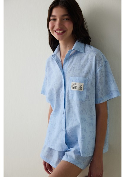 Açık Mavi Antalya Çiğdemi Pamuklu Çiçekli Gömlek Şort Pijama Takımı - Inspired by Flora