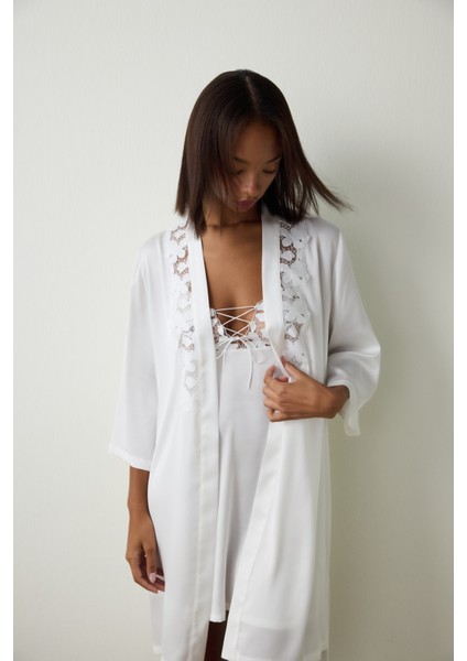 Kırık Beyaz Bridal Dantelli Gelin Sabahlık