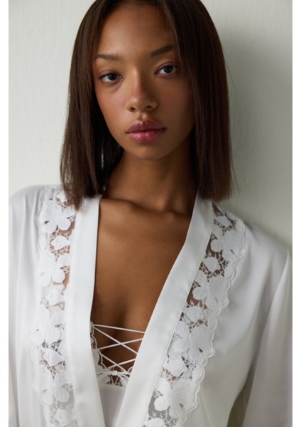 Kırık Beyaz Bridal Dantelli Gelin Sabahlık