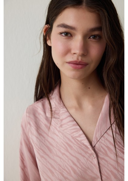 Gül Kurusu Emma Gömlek Yaka Uzun Kollu Saten Pijama Takımı