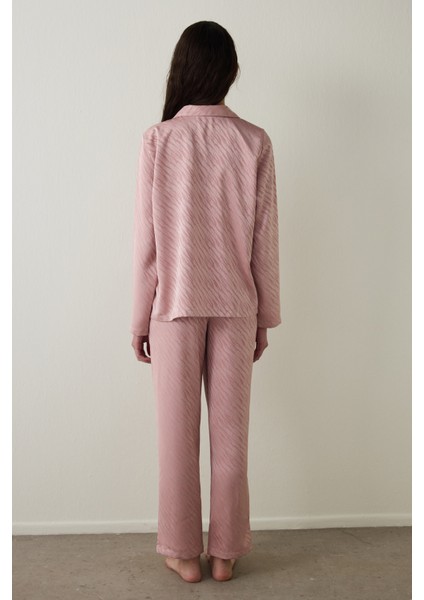 Gül Kurusu Emma Gömlek Yaka Uzun Kollu Saten Pijama Takımı