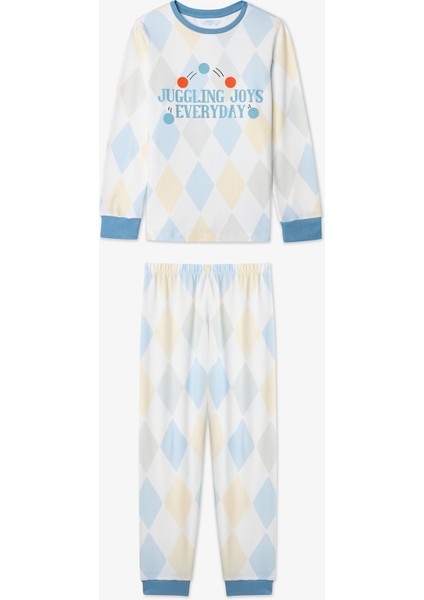 Kırık Beyaz Erkek Çocuk Juggling Baklava Desenli Pijama Takımı