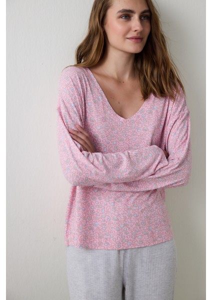 Açık Pembe Not Today Çiçekli V Yaka Uzun Kollu Pijama Üstü
