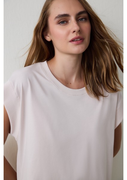 Bej Weekend Time Bisiklet Yaka Pamuklu Kısa Kollu Pijama Üstü