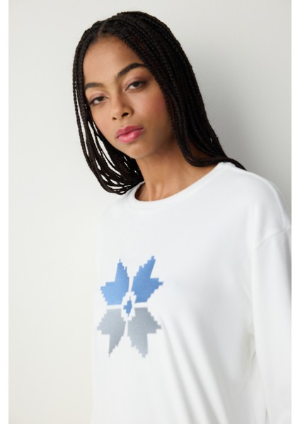 Cute Snowflake Fuzzy Kırık Beyaz Sweatshirt Pijama Üstü