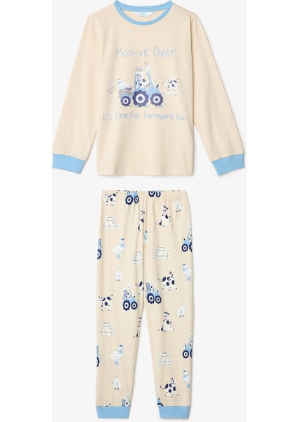 Erkek Çocuk Moo-ve İnek Desenli Uzun Kollu Pamuklu 2'li Pijama Takımı