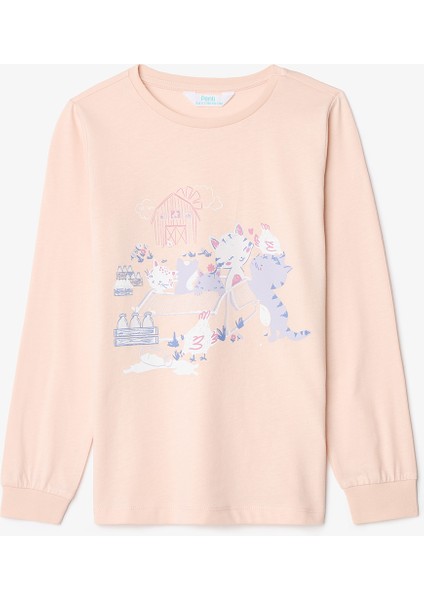 Kız Çocuk Meowdy Kedi Desenli Pamuklu 2'li Uzun Kollu Pijama Takımı