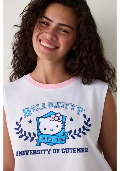 Optik Beyaz Sanrio Best Friends Baskılı Pamuklu Askılı Şortlu Pijama Takımı