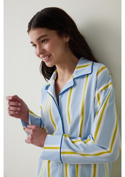Açık Mavi Çizgili Gömlek Yaka Pamuklu Uzun Kollu Pijama Takımı- Inspired by Flora