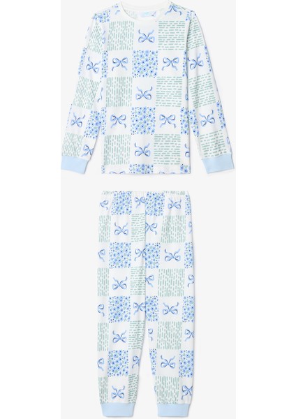 Kırık Beyaz Kız Çocuk Çıtır Çiçek Desenli Uzun Kollu Pamuklu 2'li Pijama Takımı