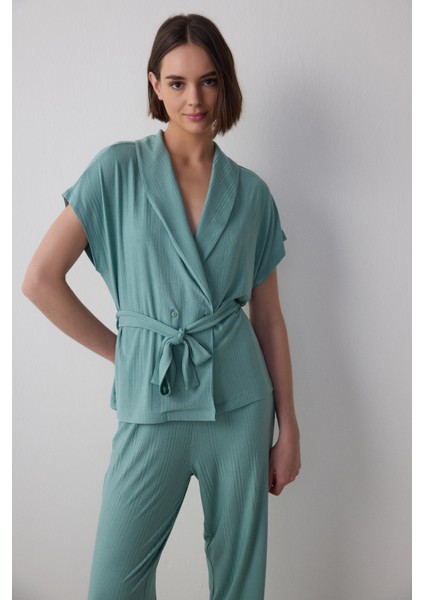 Yeşil Lenna Ribanalı V Yaka Lohusa Pijama Takımı