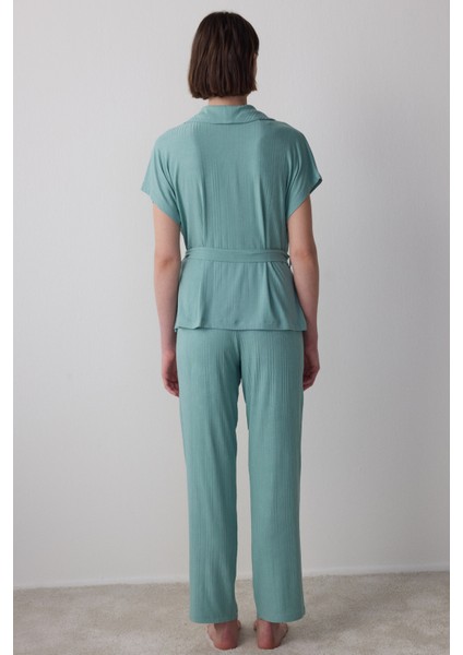 Yeşil Lenna Ribanalı V Yaka Lohusa Pijama Takımı