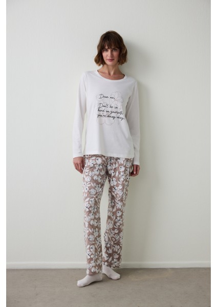 Dear Me Slogan Baskılı Bisiklet Yaka Uzun Kollu Pamuklu Pijama Takımı
