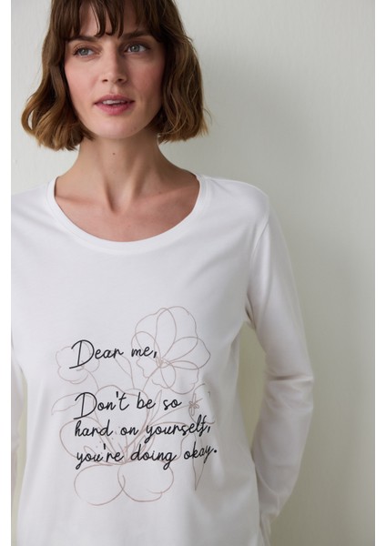 Dear Me Slogan Baskılı Bisiklet Yaka Uzun Kollu Pamuklu Pijama Takımı